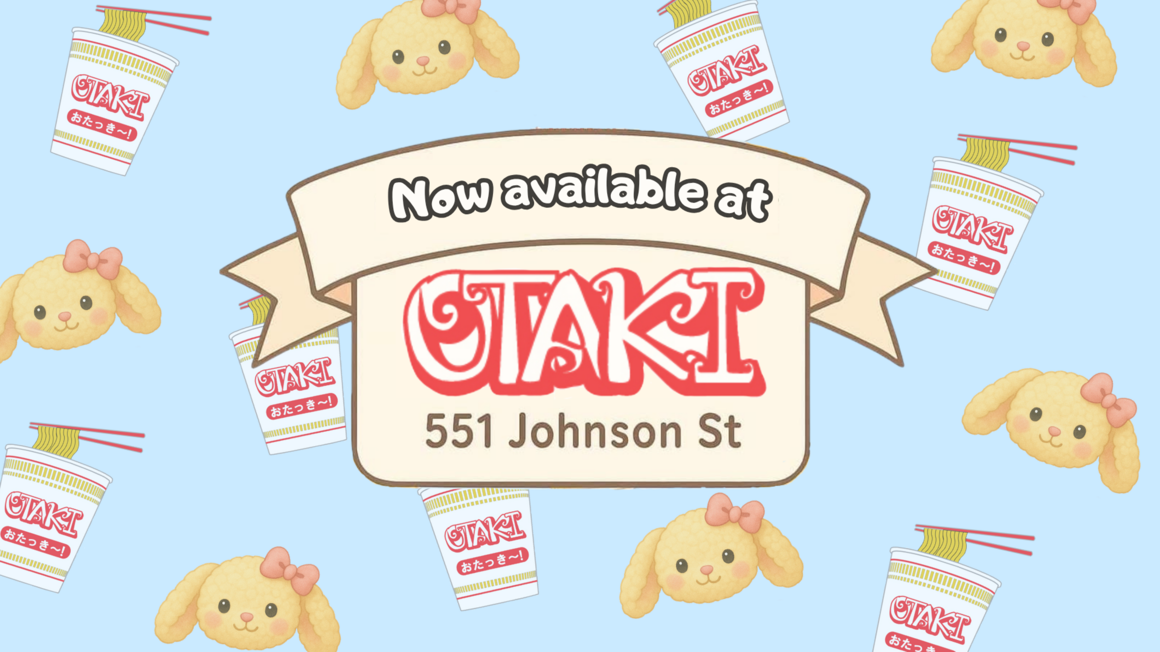 Promotional graphic for 'Otaki' with cartoon dog characters and a store address on a blue background.